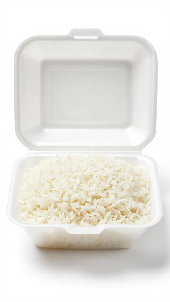 Cold day-old rice in open takeout container