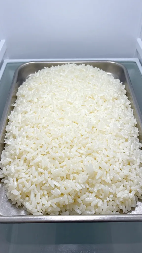 Chilled rice spread on tray in fridge
