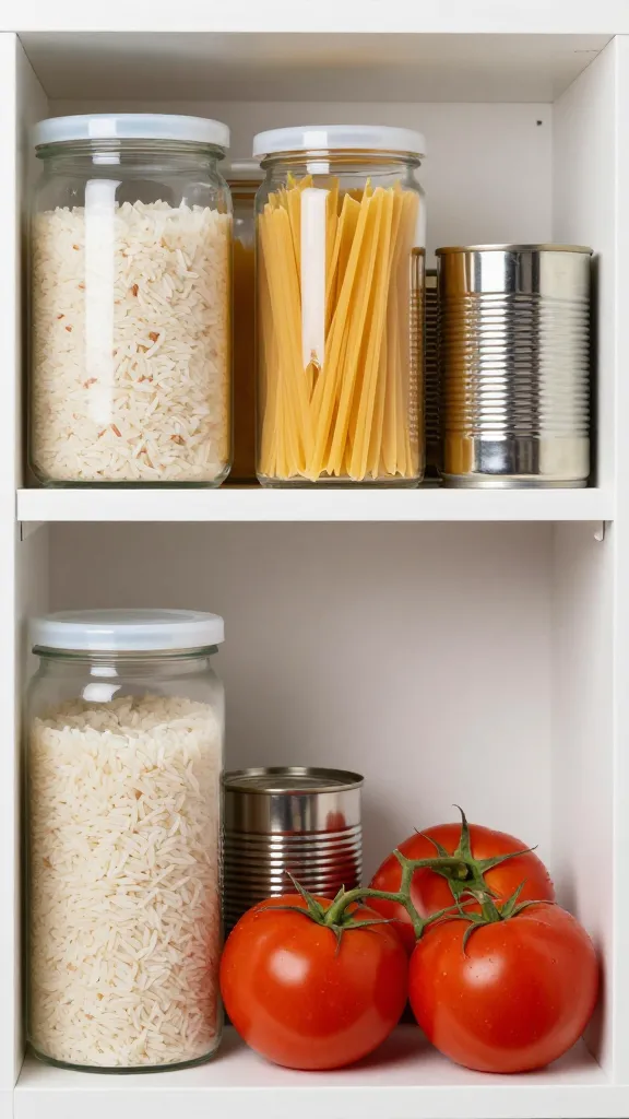 pantry shelf with rice, pasta, canned beans, and tomatoes