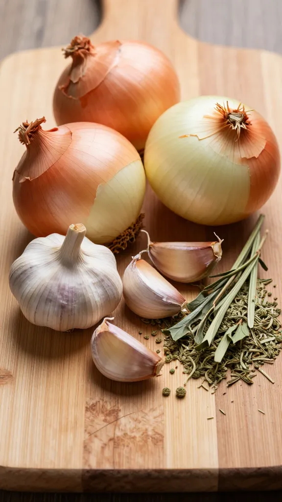 wooden board with onions, garlic, and dried herbs