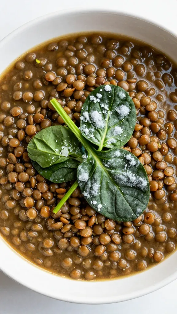 bowl of lentil stew with frozen spinach garnish