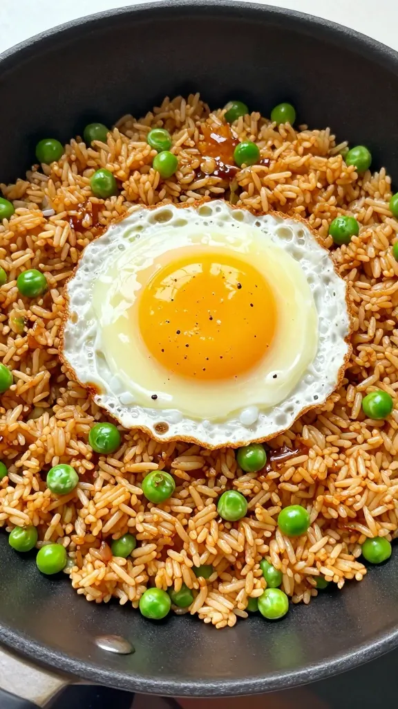 skillet fried rice with egg, peas, and soy sauce