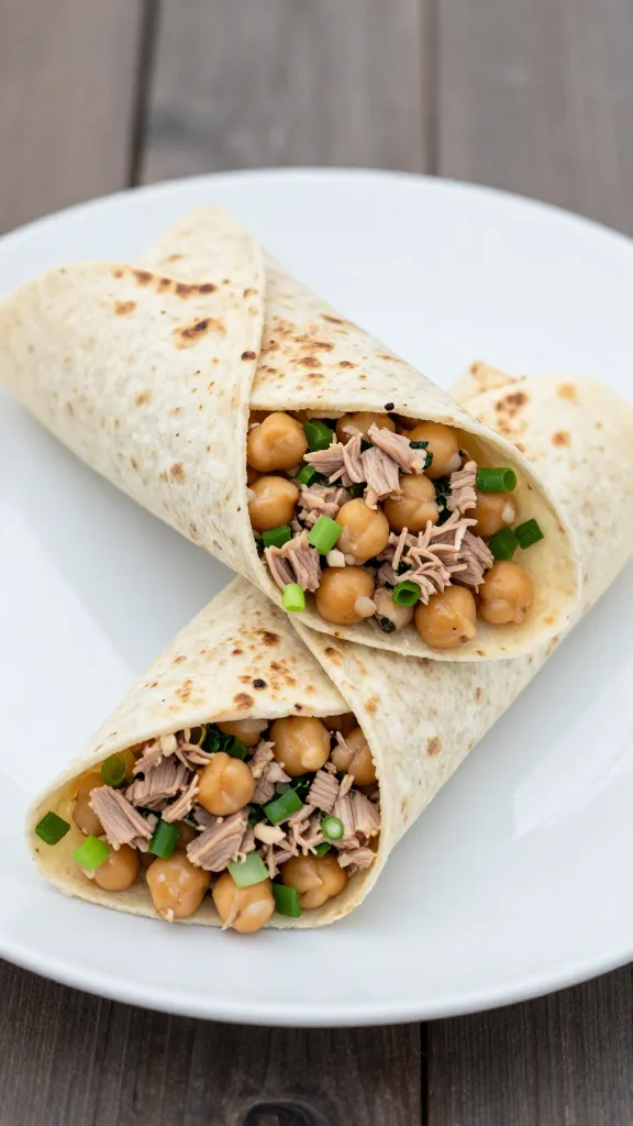 tuna chickpea salad in tortilla wrap on white plate