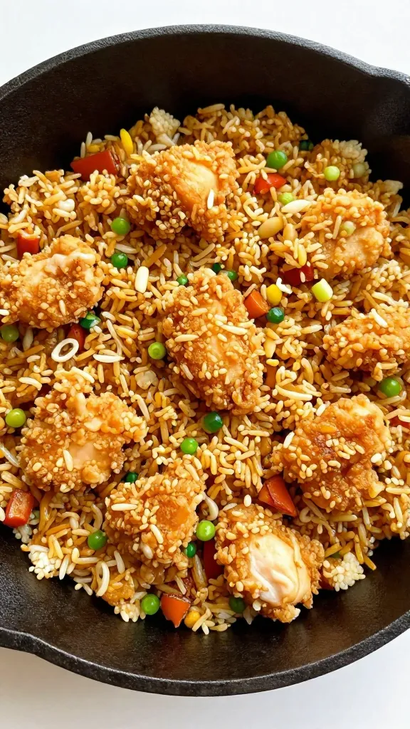 Crispy chicken fried rice in cast-iron skillet