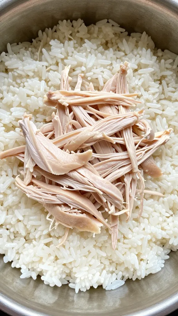 Day-old rice and shredded chicken mise en place