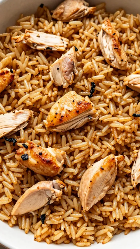 Overhead shot: seared rice with diced leftover chicken
