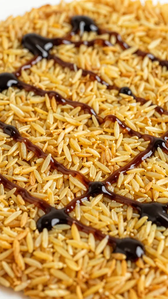 Close-up golden rice crust with soy drizzle