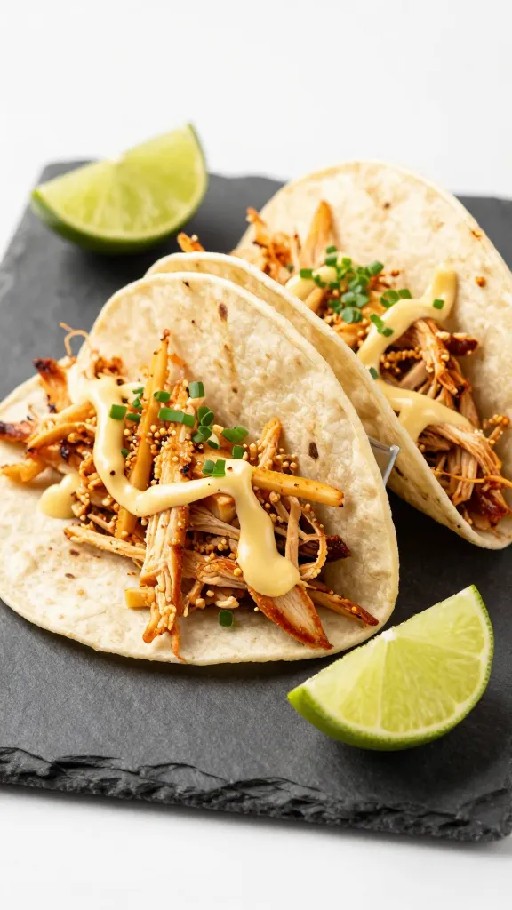 shredded chicken tacos with lime wedges on slate board