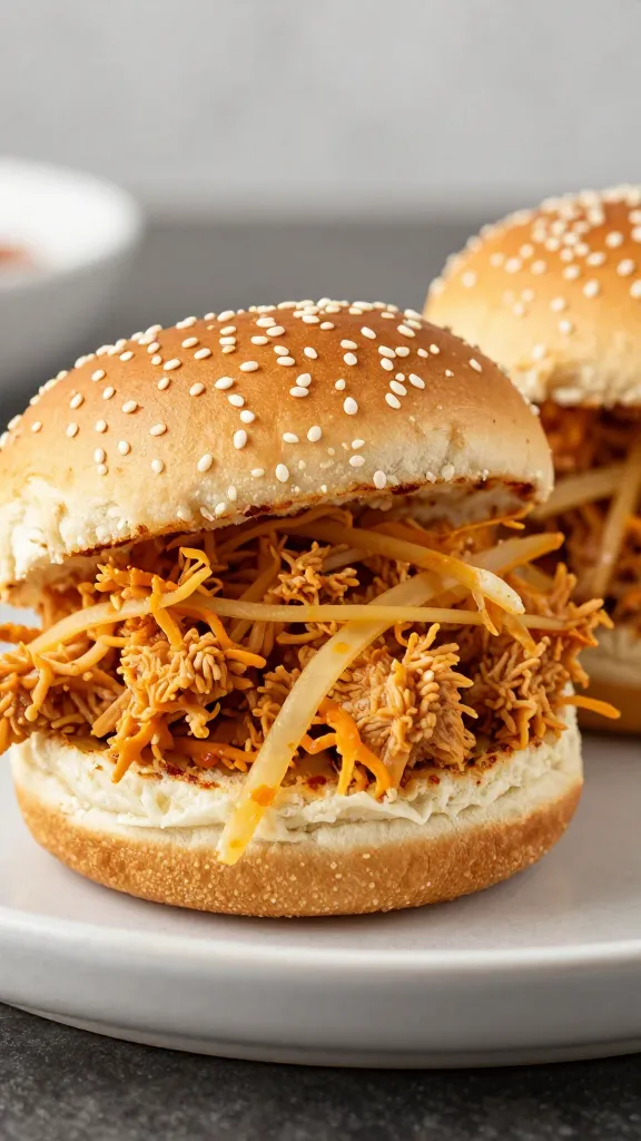 buffalo shredded chicken sliders on brioche, sesame seeds