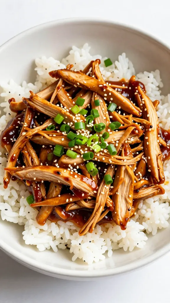 teriyaki shredded chicken rice bowl with scallions, sesame