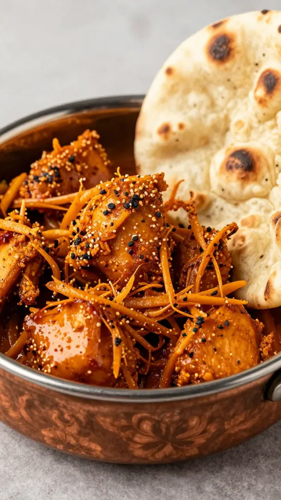 tikka masala shredded chicken in copper bowl, naan side