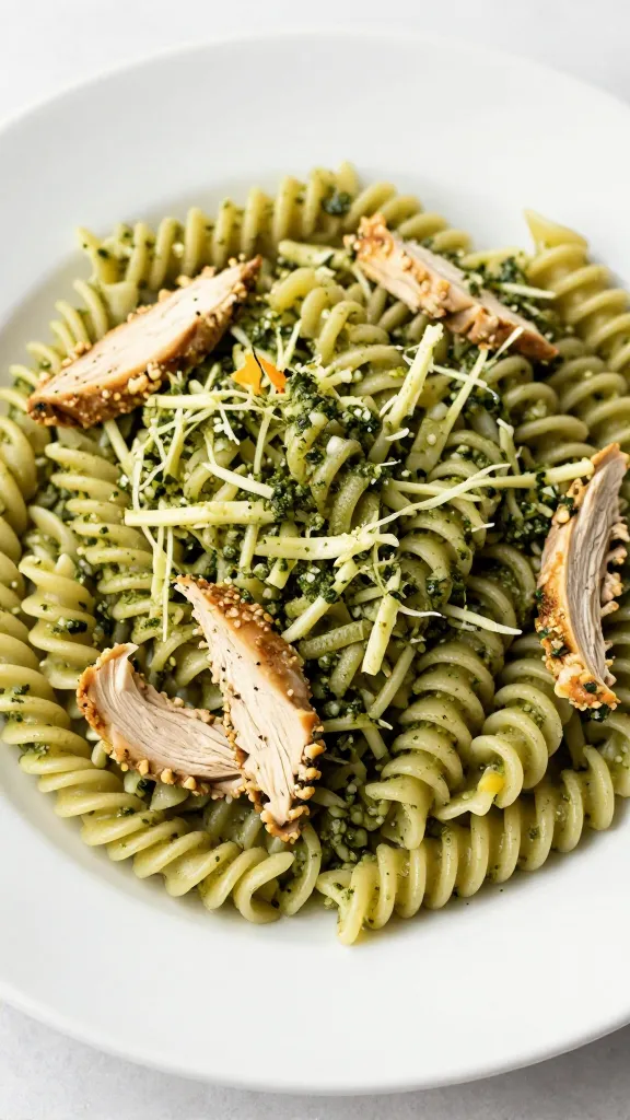 pesto shredded chicken pasta twirls on white ceramic plate