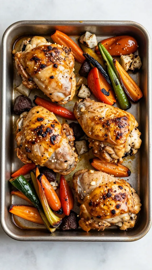 Chicken thigh sheet pan dinner with roasted frozen veggies
