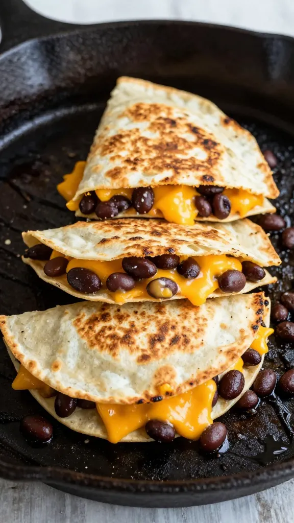 Tex-Mex bean and cheese quesadillas on cast iron