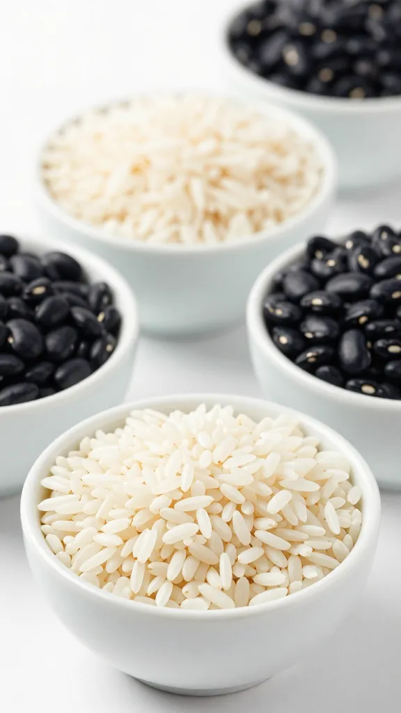Bulk rice and black beans in simple white bowls