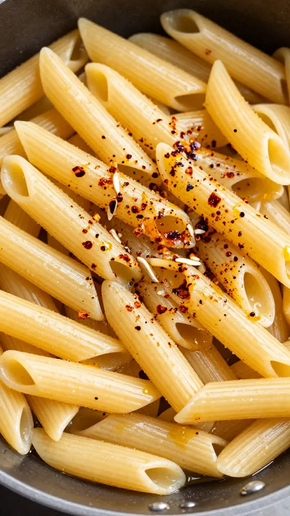 Pantry pasta with garlic, olive oil, and chili flakes