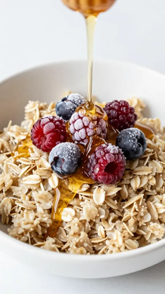 Oatmeal topped with frozen berries and honey drizzle