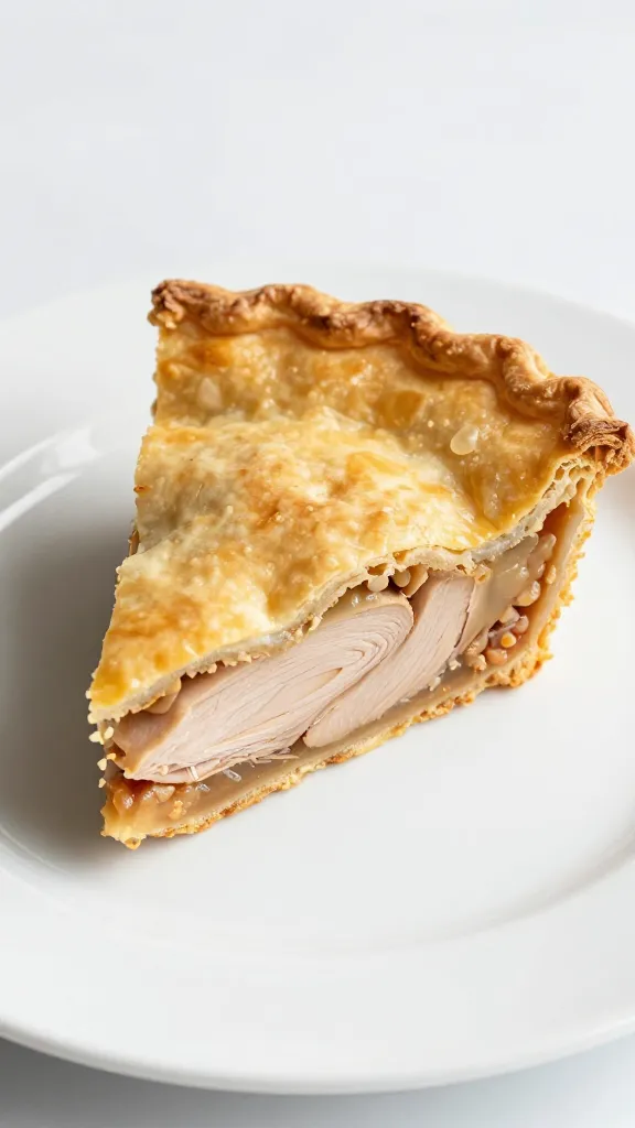 slice of turkey pot pie on white plate, flaky crust