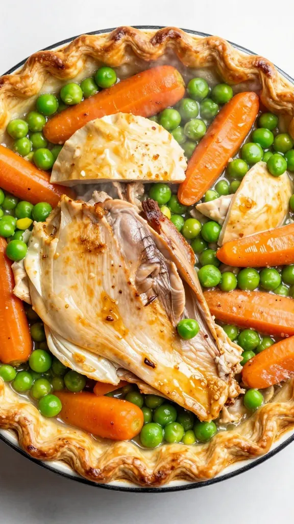 overhead turkey pot pie with peas and carrots, steam