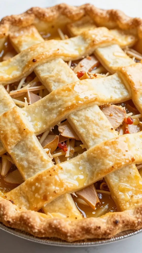 close-up buttery lattice crust on leftover turkey pot pie