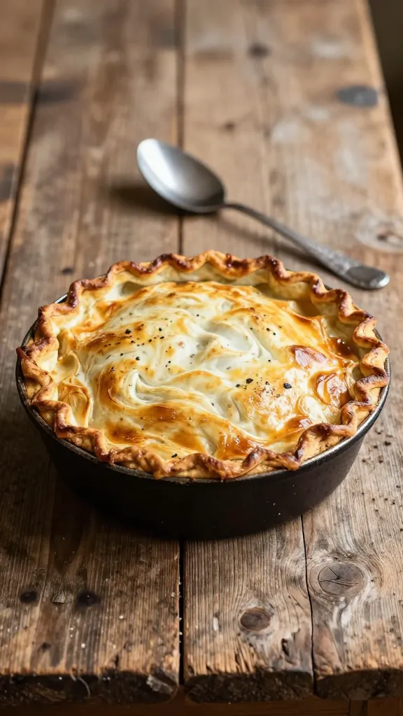 rustic wooden table, pot pie in skillet, serving spoon