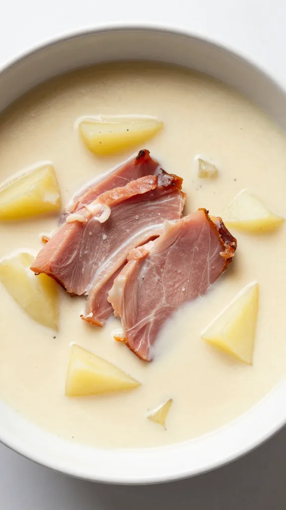 creamy leftover ham soup in white bowl with potatoes
