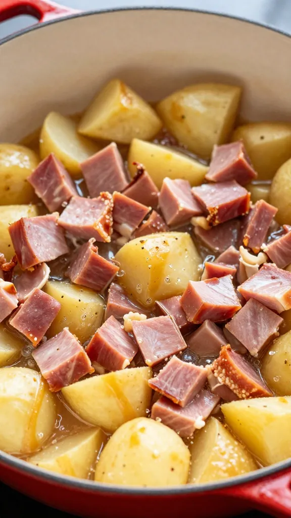 diced ham and potatoes sizzling in Dutch oven