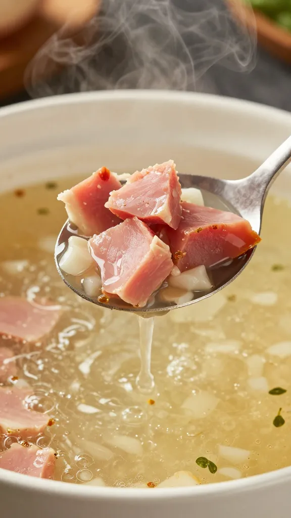 spoon lifting chunky ham soup over steam