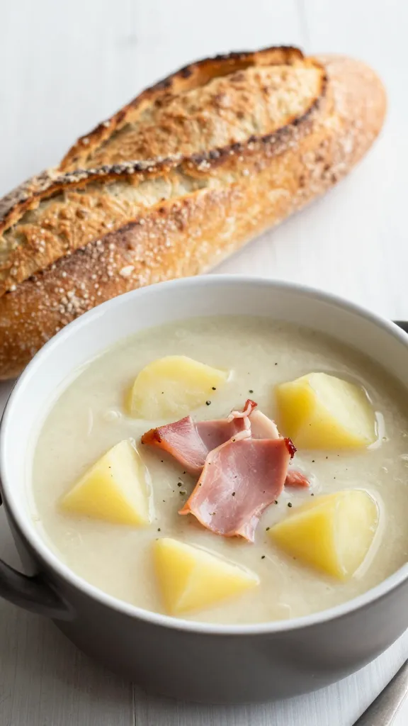 rustic baguette beside bowl of ham potato soup