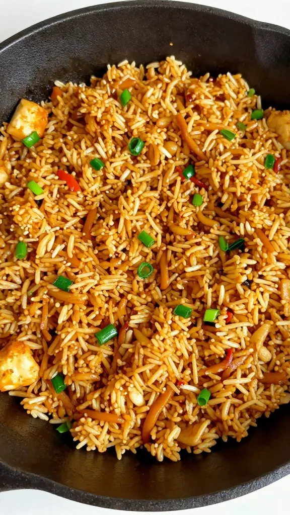 Crispy leftover rice stir fry in cast-iron skillet