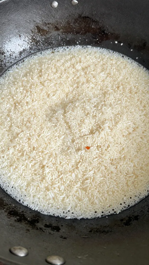 Day-old rice grains sizzling in hot wok