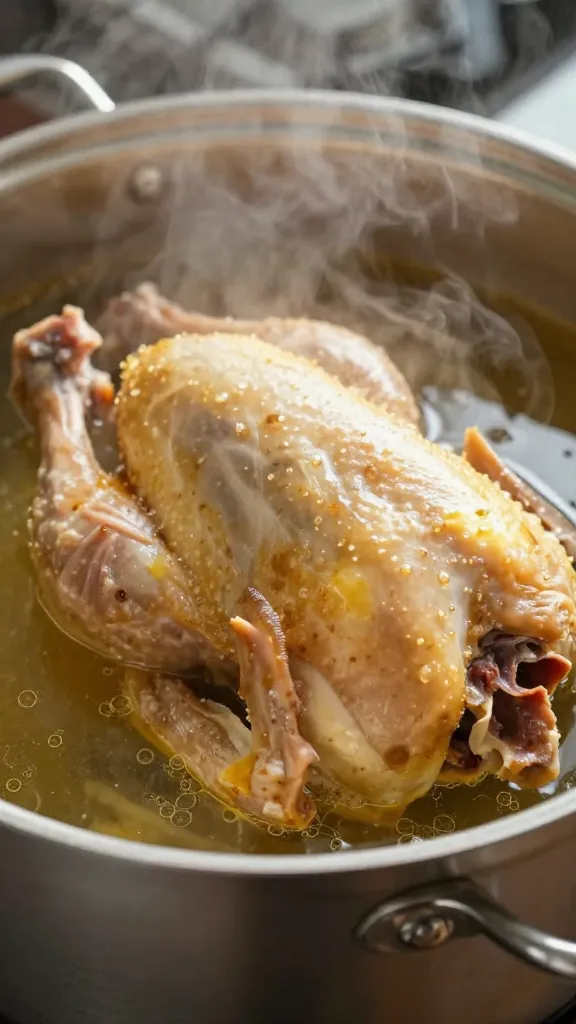 rotisserie chicken carcass simmering in stockpot, steam rising