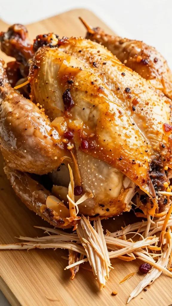 shredded rotisserie chicken on cutting board, juicy close-up