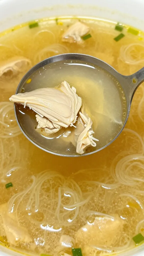 ladle of chicken noodle soup, rich golden broth