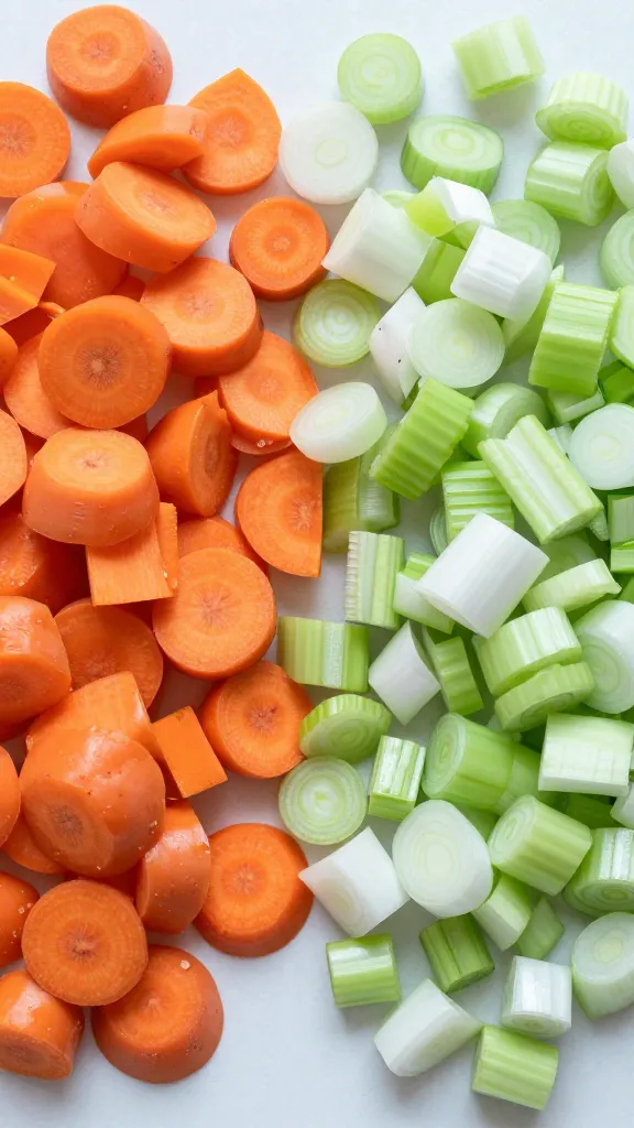 chopped carrots celery onions beside picked bones, overhead