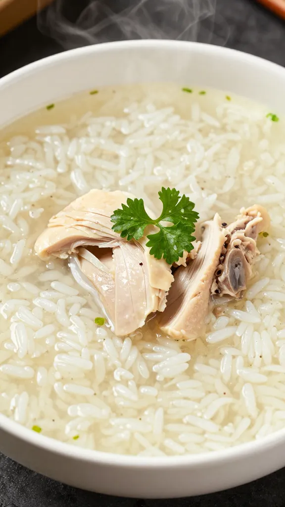 steaming chicken and rice soup in white bowl, parsley garnish