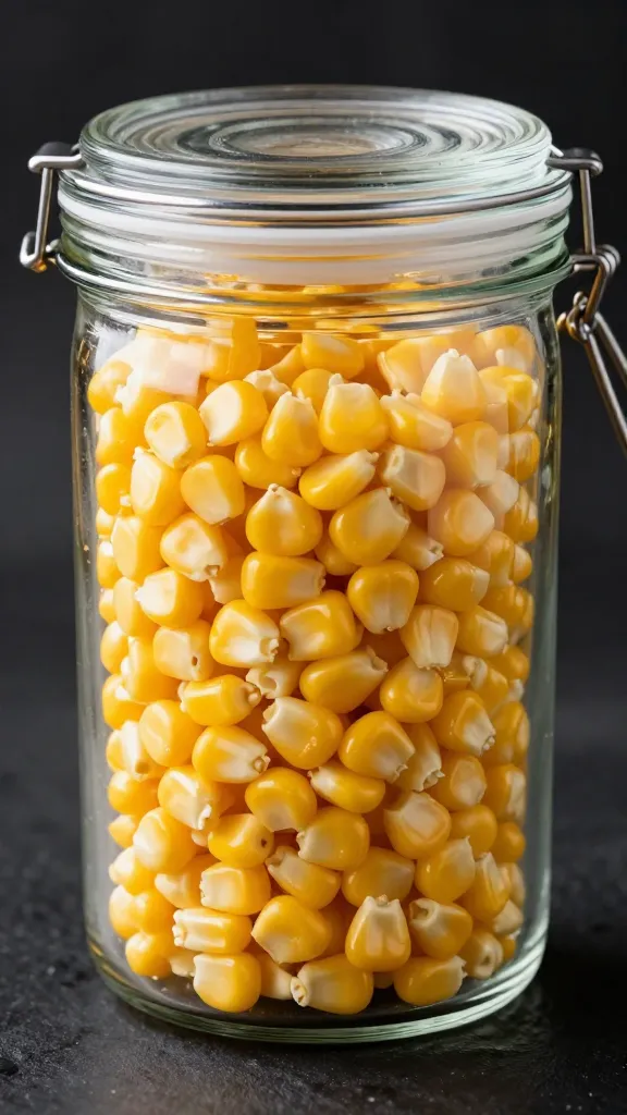 fresh-boiled corn kernels in glass airtight container