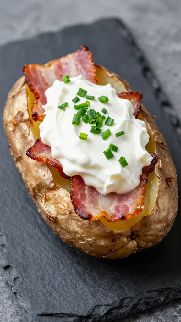 loaded baked potato with sour cream, chives, bacon on slate