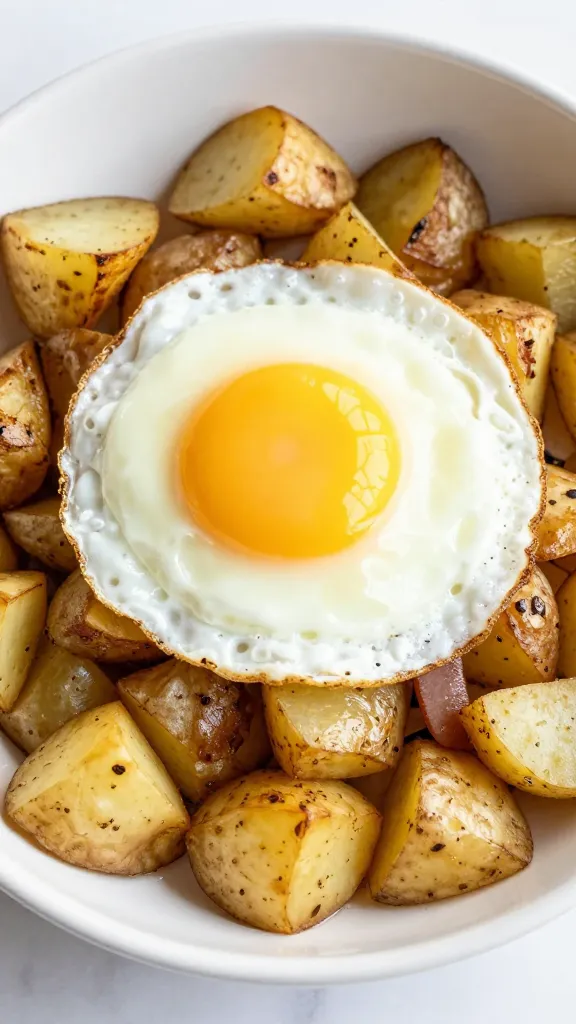 potato hash from leftover baked potatoes with fried egg on top