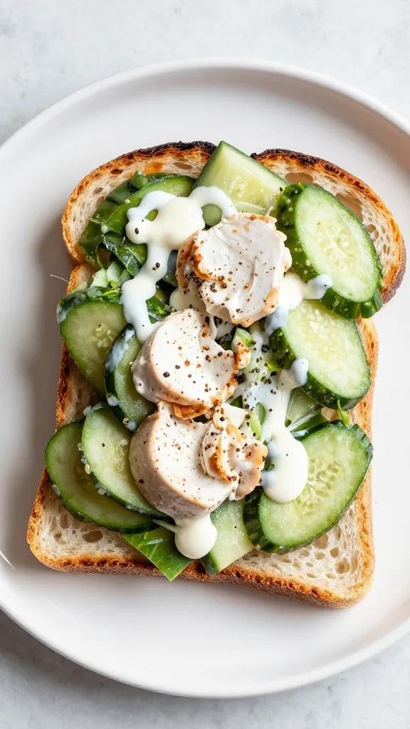 turkey salad on sourdough toast, overhead, natural light