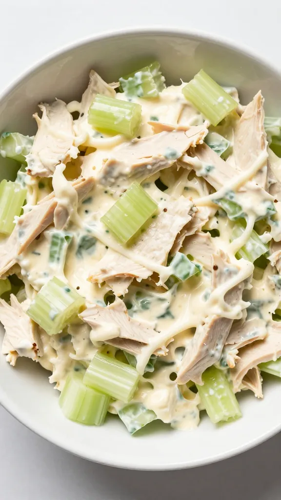 creamy turkey salad in white bowl with celery, top-down