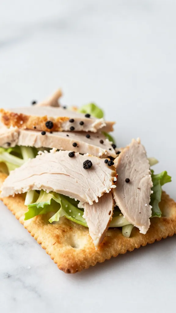 leftover turkey salad on crackers, marble background, close-up