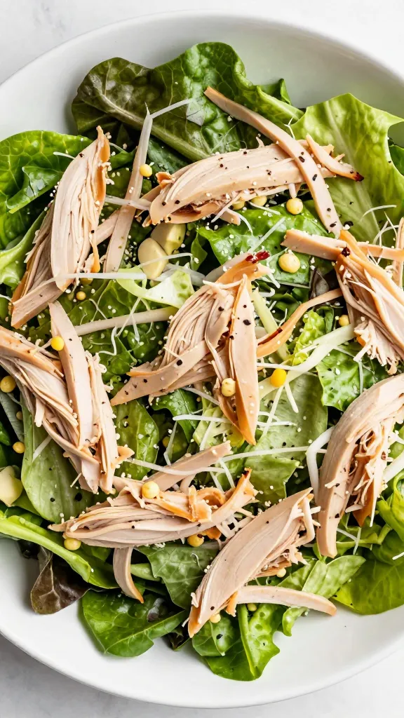 mixed greens topped with turkey salad, bright styling, overhead