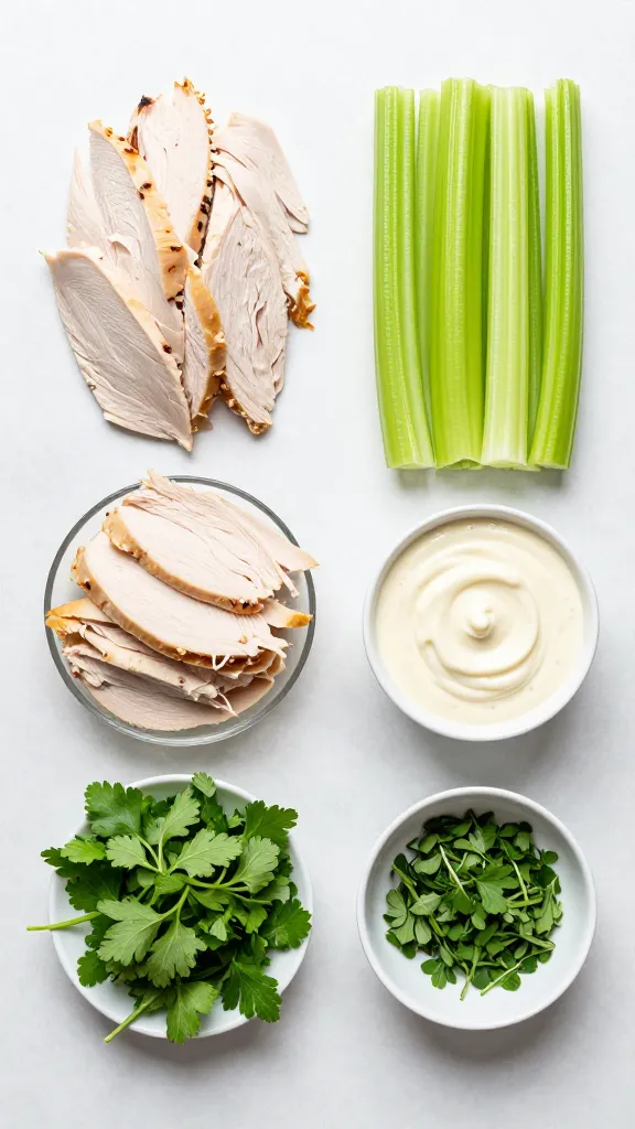 ingredients for turkey salad flat lay: turkey, celery, herbs, mayo