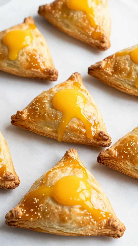 Golden puff pastry triangles with Dijon and egg wash