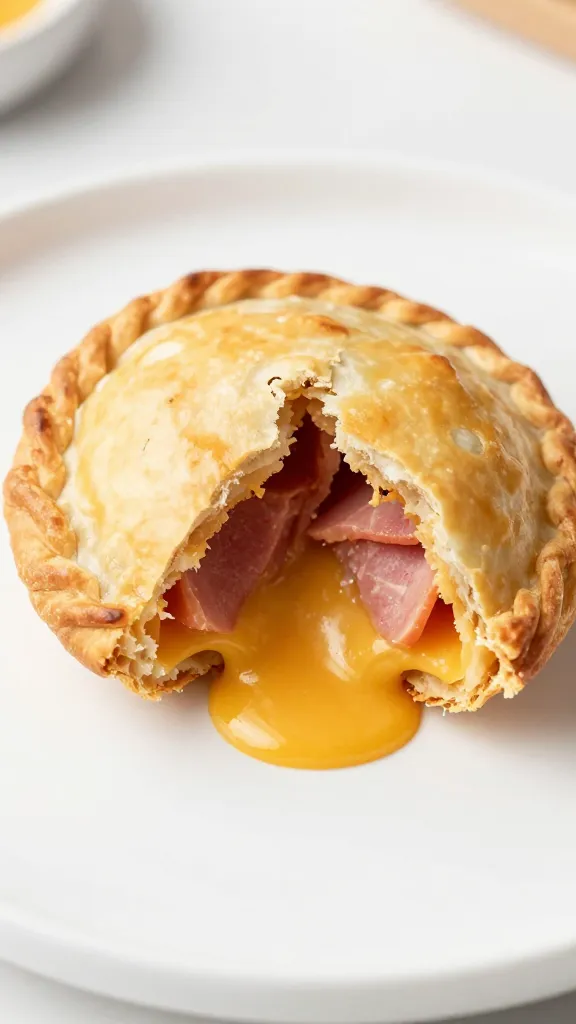 Flaky ham hand pie broken open, gooey cheese