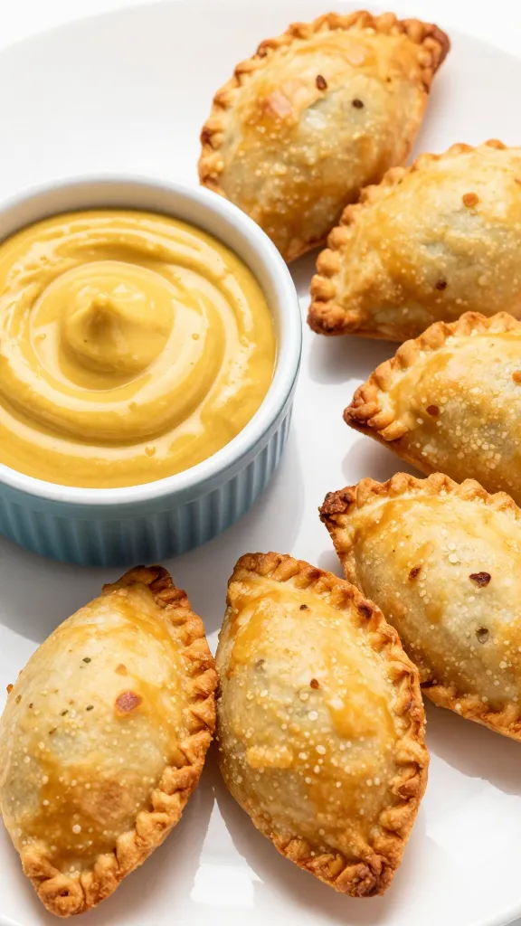 Maple-mustard dip beside crispy ham hand pies