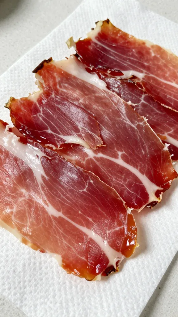 Dried shredded ham on paper towel, prep shot