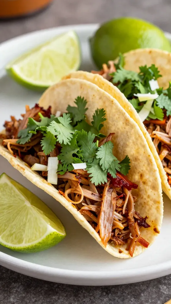 pulled pork street tacos with cilantro and lime wedges