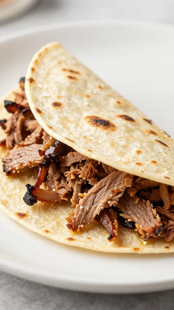 charred corn tortillas filled with smoky pulled pork